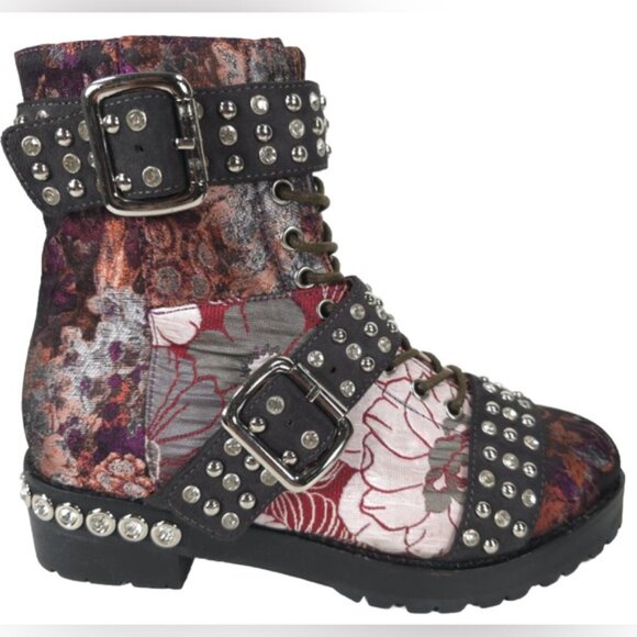 NWB JEFFREY CAMPBELL SLAM-2ST Red Grey Floral Silver Studded Buckle Boots Sz 6M - Picture 3 of 16